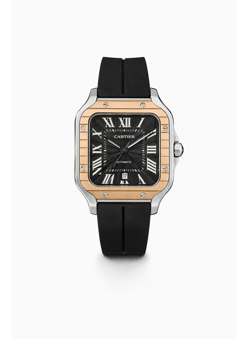 كارتييه ساعة يد رجالي فاخرة بتصميم مربع – إطار بلون ذهبي وردي مع سوار سيليكون أسود - Image 1